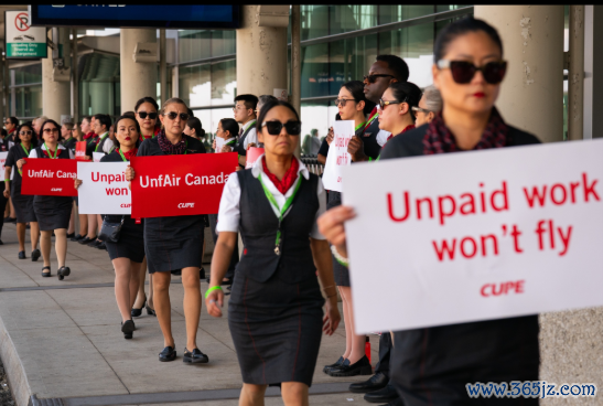 2024 年 8 月 11 日，加拿大航空乘务员在多伦多皮尔逊海外机场举行请愿举止。
